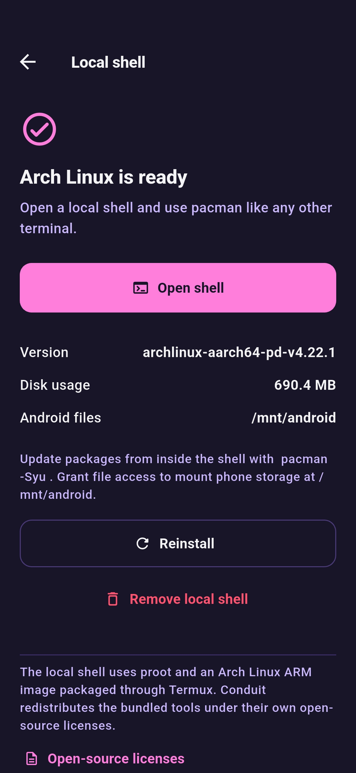 Conduit running a local Linux shell on device
